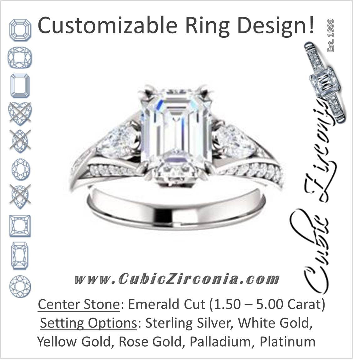 Cubic Zirconia Engagement Ring- The Jackie (Customizable Emerald Center with Flanking Pear Accents and Pavé Band)