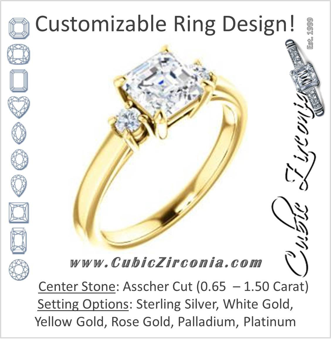 Cubic Zirconia Engagement Ring- The Jacqueline (Customizable Asscher Cut 3-stone with Thin Band and Dual Round Prong Accents)