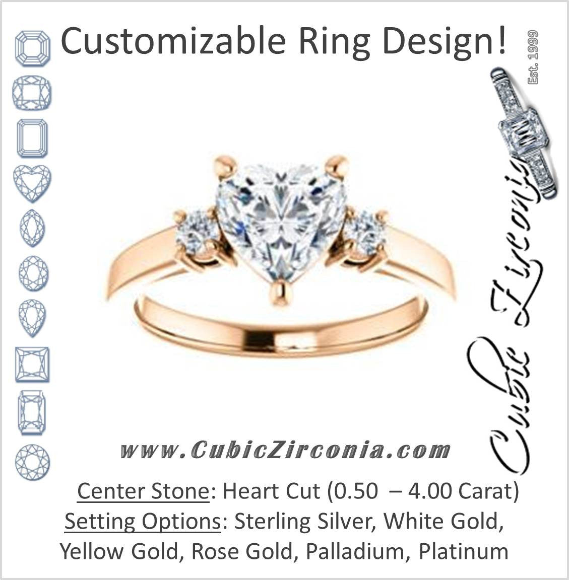 Cubic Zirconia Engagement Ring- The Jacqueline (Customizable Heart Cut 3-stone with Thin Band and Dual Round Prong Accents)