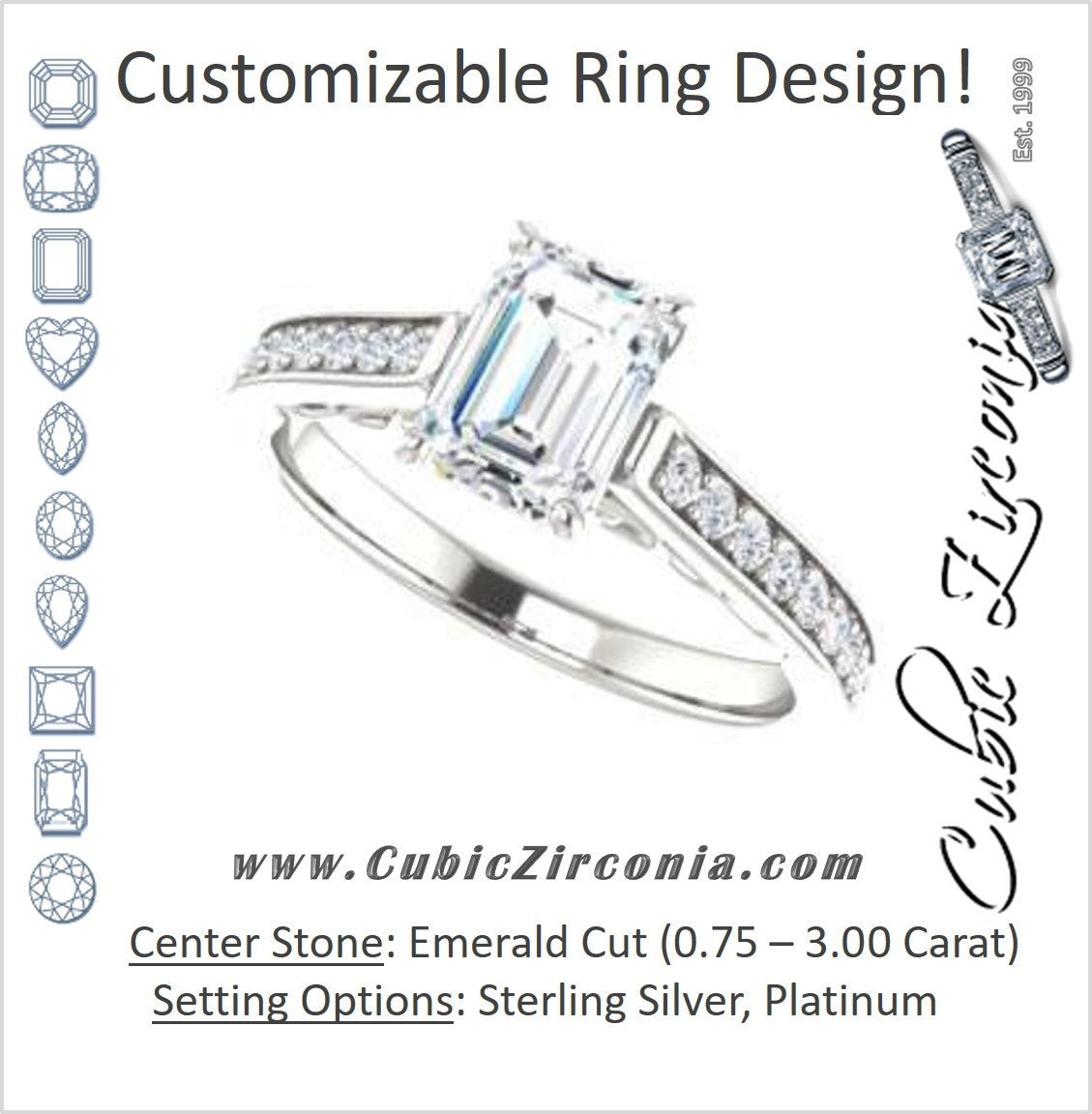 Cubic Zirconia Engagement Ring- The Jamiyah (Customizable Emerald Cut Design with Decorative Trellis Engraving and Pavé Band)