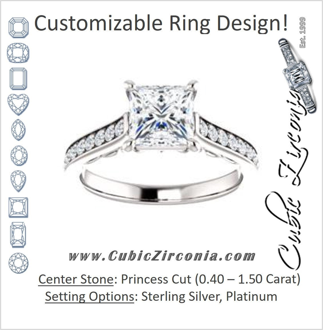 Cubic Zirconia Engagement Ring- The Jamiyah (Customizable Princess Cut Design with Decorative Trellis Engraving and Pavé Band)