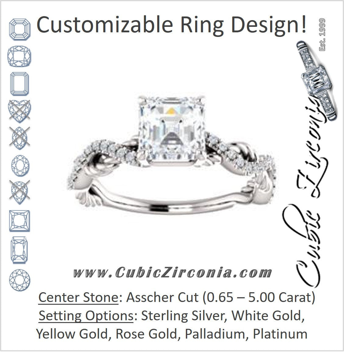 Cubic Zirconia Engagement Ring- The Janneth (Customizable Asscher Cut Design with Twisting Rope-Pavé Split Band)