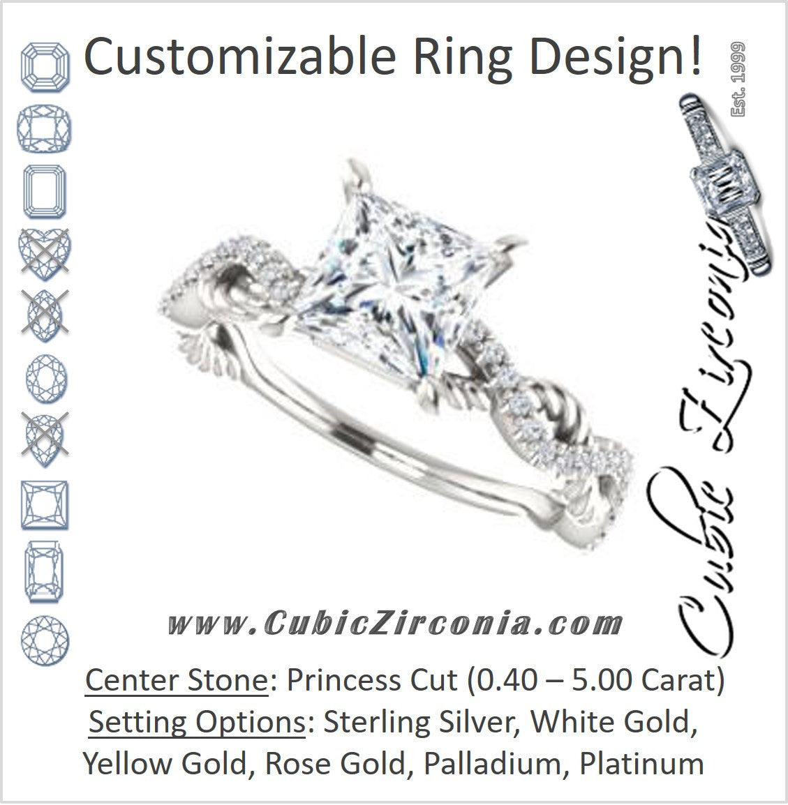 Cubic Zirconia Engagement Ring- The Janneth (Customizable Princess Cut Design with Twisting Rope-Pavé Split Band)