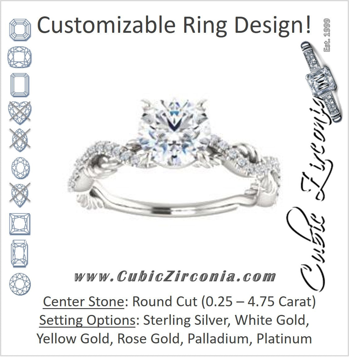 Cubic Zirconia Engagement Ring- The Janneth (Customizable Round Cut Design with Twisting Rope-Pavé Split Band)