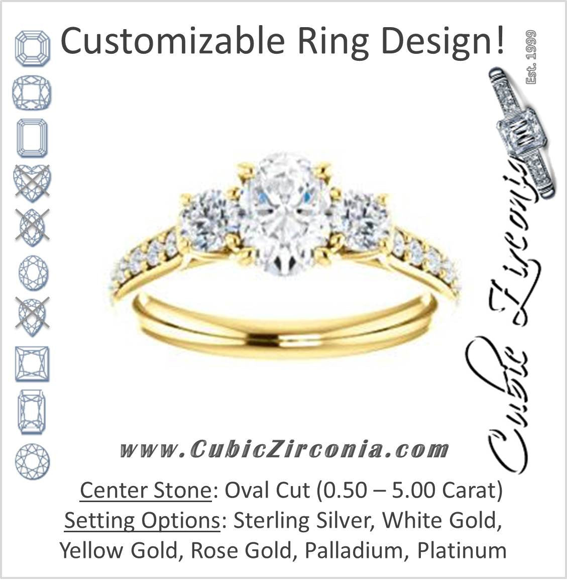 Cubic Zirconia Engagement Ring- The Janni (Customizable Enhanced 3-stone Oval Cut Design with Round Accents)