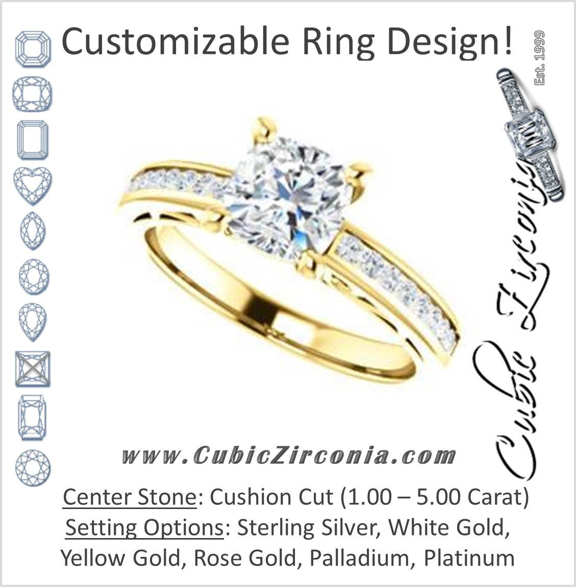 Cubic Zirconia Engagement Ring- The Jazmin Ella (Customizable Cushion Cut with Three-sided Filigree and Channel Accents)