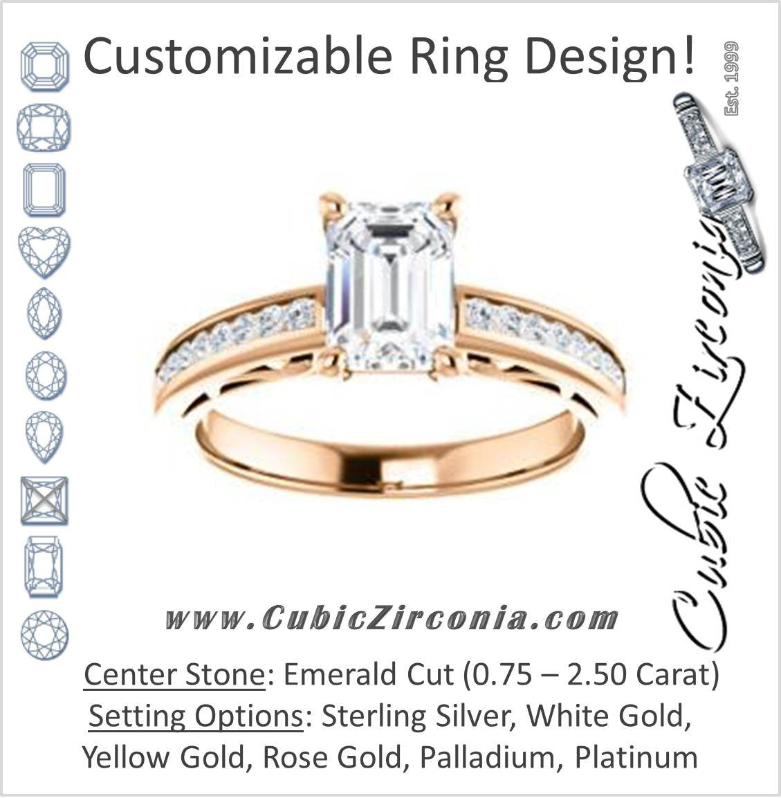 Cubic Zirconia Engagement Ring- The Jazmin Ella (Customizable Emerald Cut with Three-sided Filigree and Channel Accents)