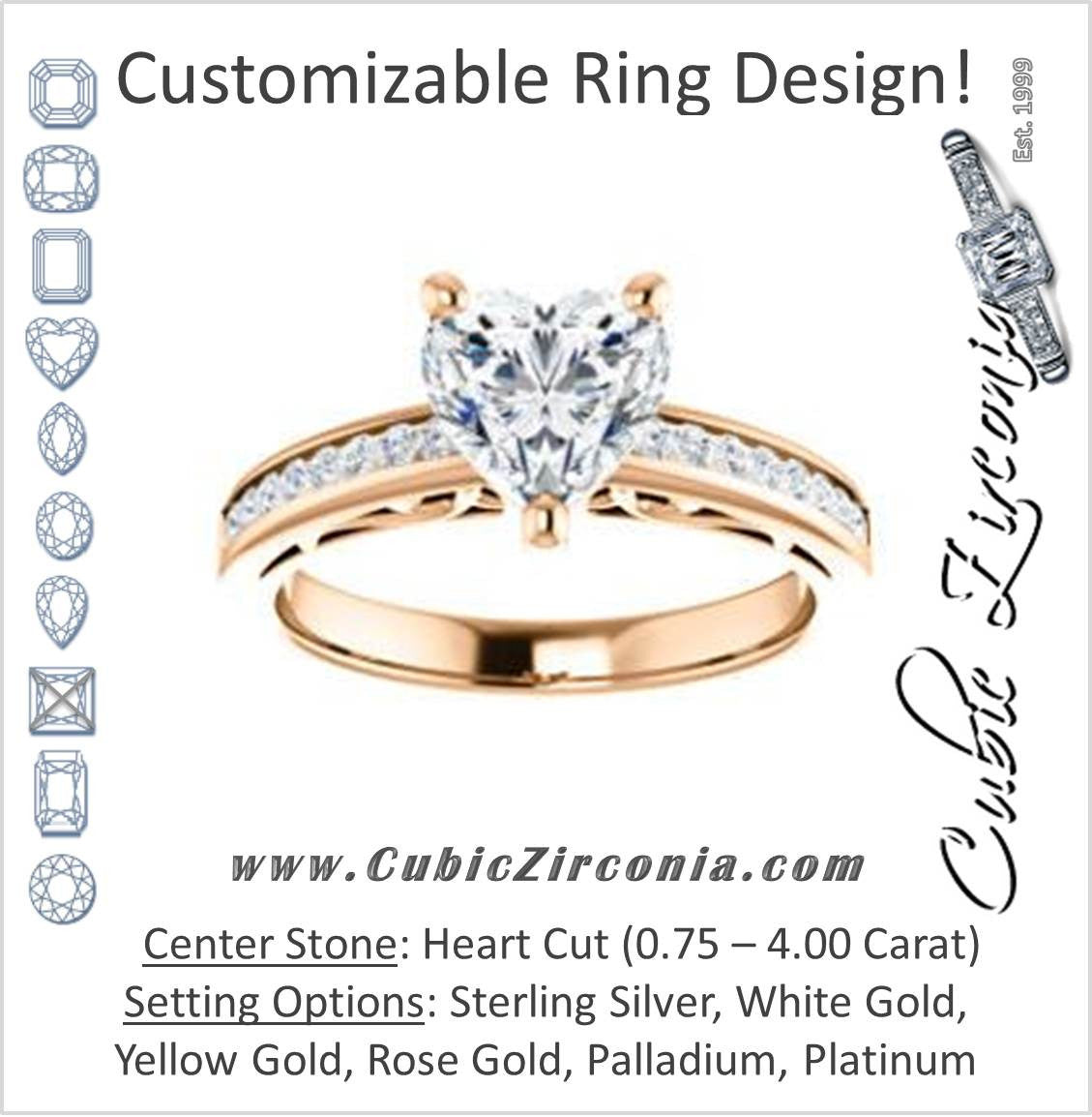 Cubic Zirconia Engagement Ring- The Jazmin Ella (Customizable Heart Cut with Three-sided Filigree and Channel Accents)