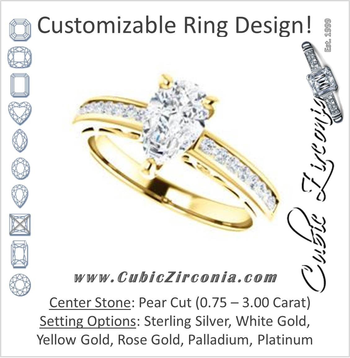 Cubic Zirconia Engagement Ring- The Jazmin Ella (Customizable Pear Cut with Three-sided Filigree and Channel Accents)