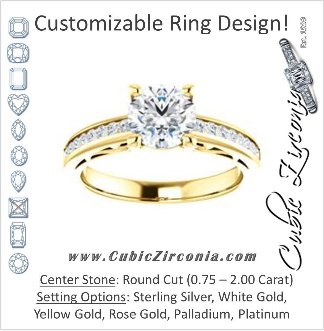 Cubic Zirconia Engagement Ring- The Jazmin Ella (Customizable Round Cut with Three-sided Filigree and Channel Accents)