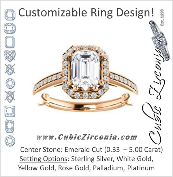 Cubic Zirconia Engagement Ring- The Jessika (Customizable Cathedral-set Emerald Cut Design with Halo and Thin Pavé Band)