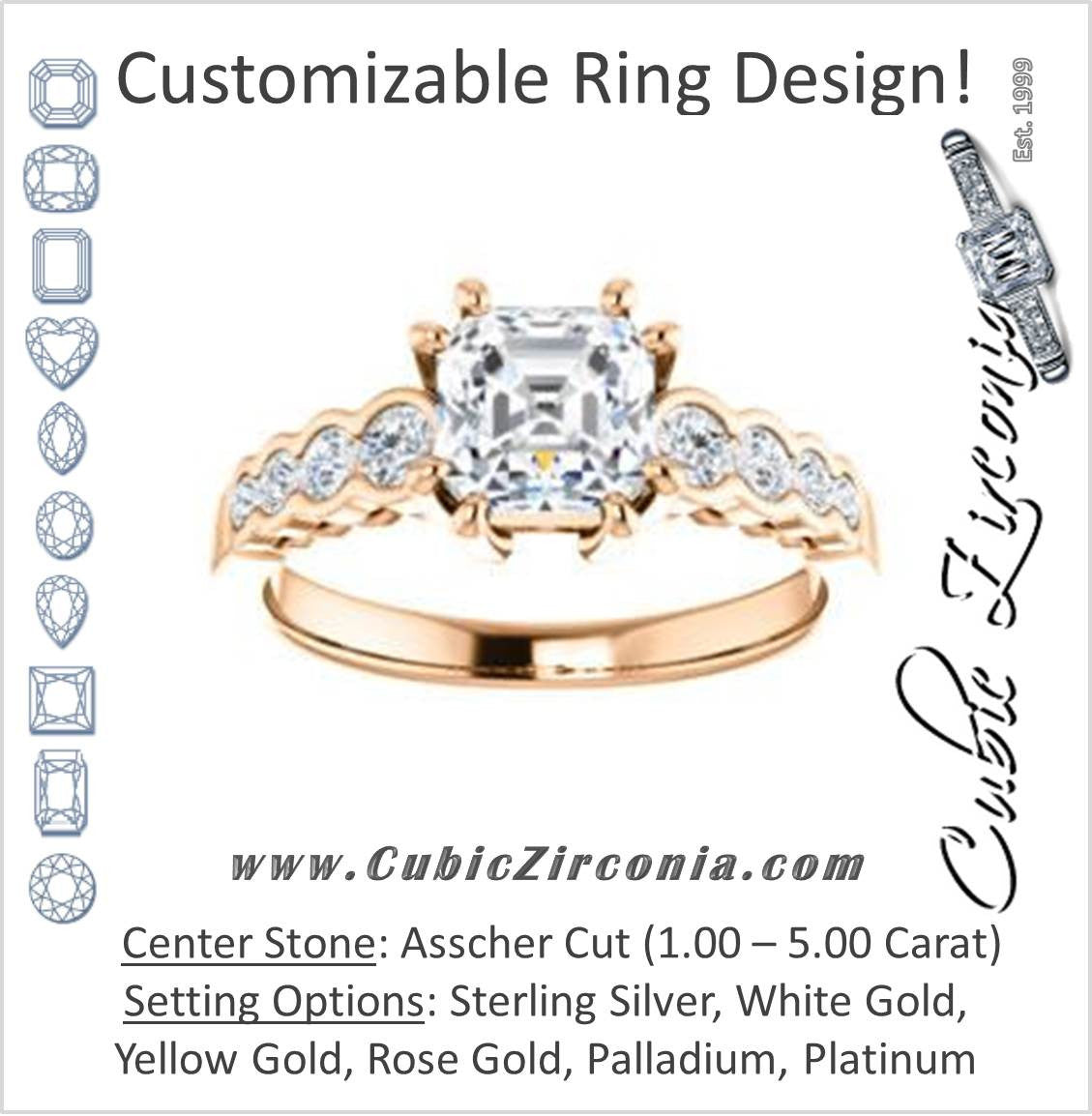 Cubic Zirconia Engagement Ring- The Jhenny (Customizable Asscher Cut 9-Stone Design with Round Bezel Accents)