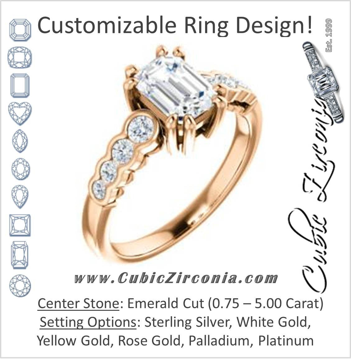 Cubic Zirconia Engagement Ring- The Jhenny (Customizable Emerald Cut 9-Stone Design with Round Bezel Accents)