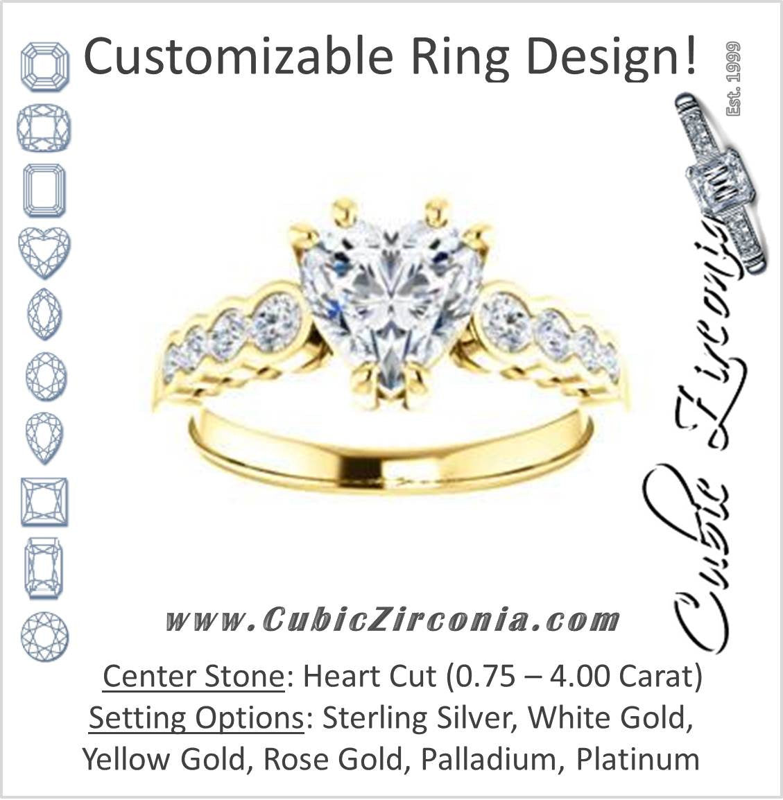Cubic Zirconia Engagement Ring- The Jhenny (Customizable Heart Cut 9-Stone Design with Round Bezel Accents)