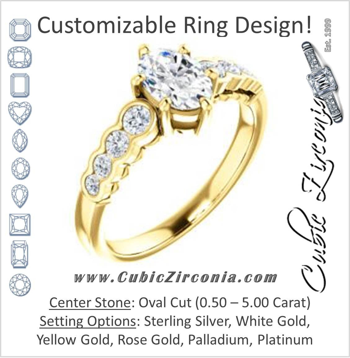 Cubic Zirconia Engagement Ring- The Jhenny (Customizable Oval Cut 9-Stone Design with Round Bezel Accents)