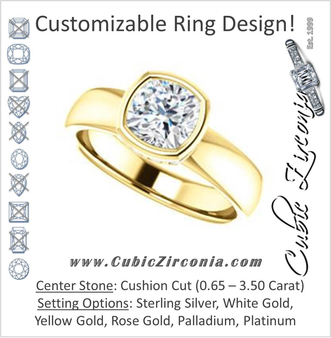 Cubic Zirconia Engagement Ring- The Jilari (Customizable Bezel-set Cushion Cut with Under-Halo)