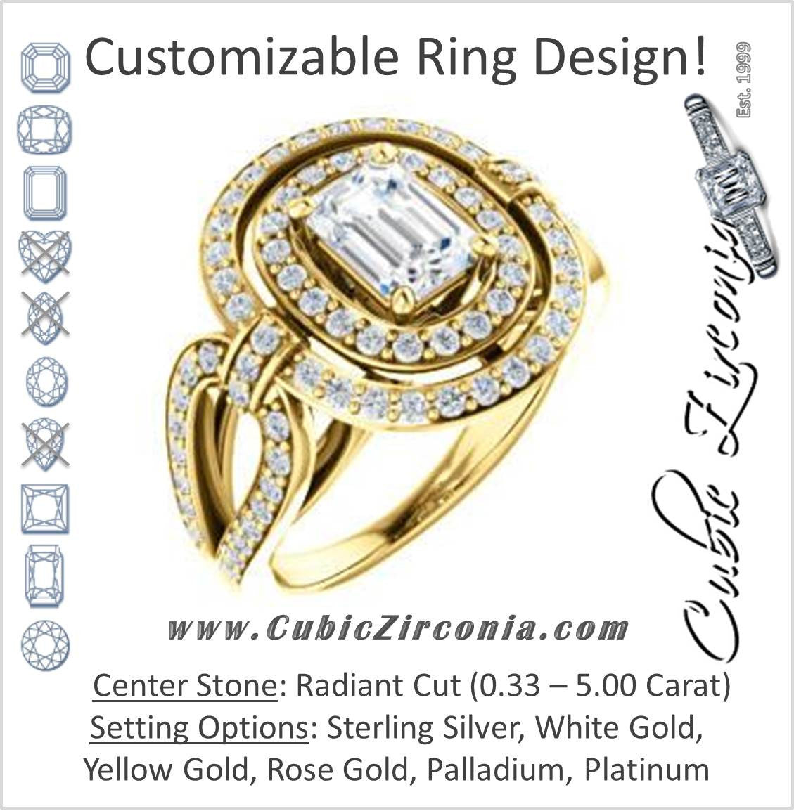 Cubic Zirconia Engagement Ring- The Jill (Radiant Cut Double Halo with Ultrawide Split- Pavé Band)