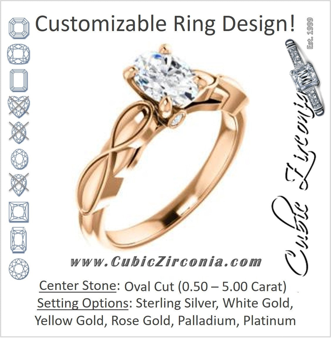 Cubic Zirconia Engagement Ring- The Jime (Customizable Cathedral-Raised Oval Cut with Thick Infinity-Scalloped Band & Peekaboo Accents)