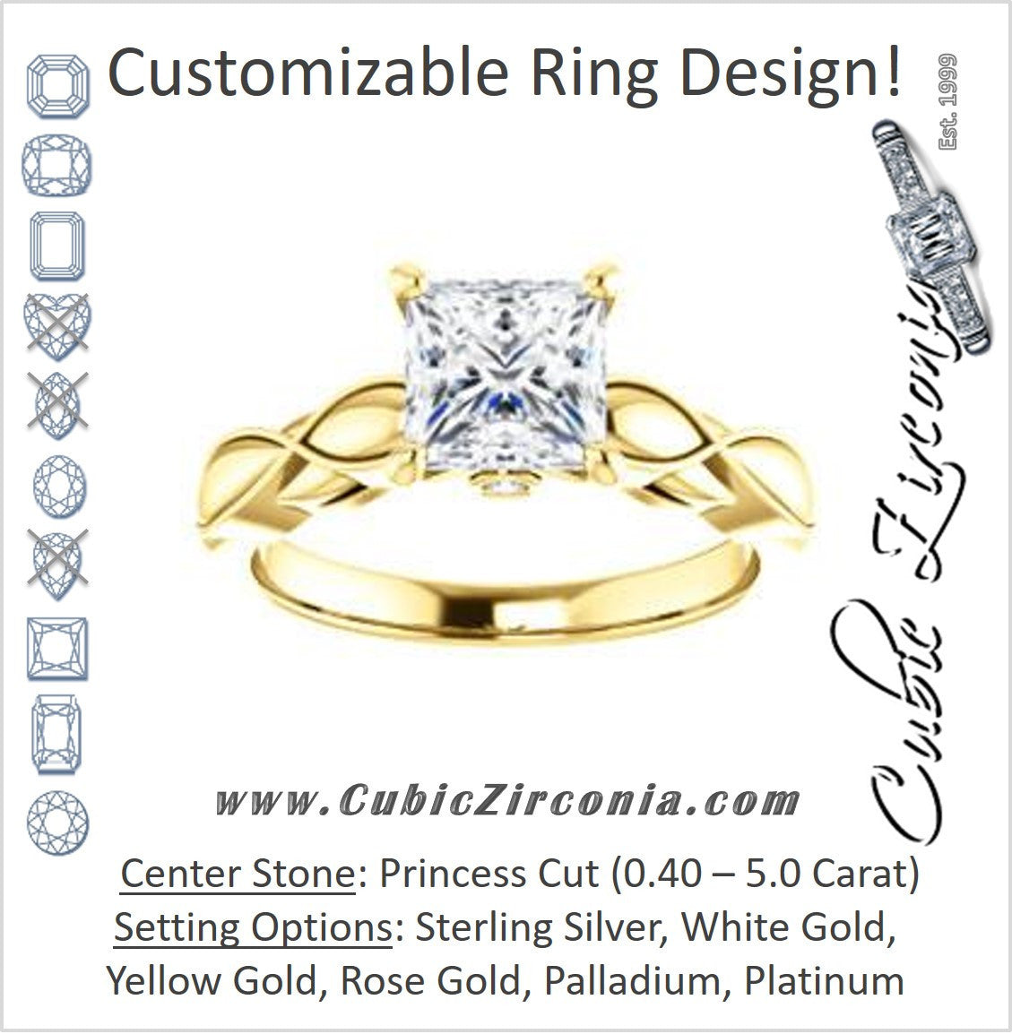 Cubic Zirconia Engagement Ring- The Jime (Customizable Cathedral-Raised Princess Cut with Thick Infinity-Scalloped Band & Peekaboo Accents)