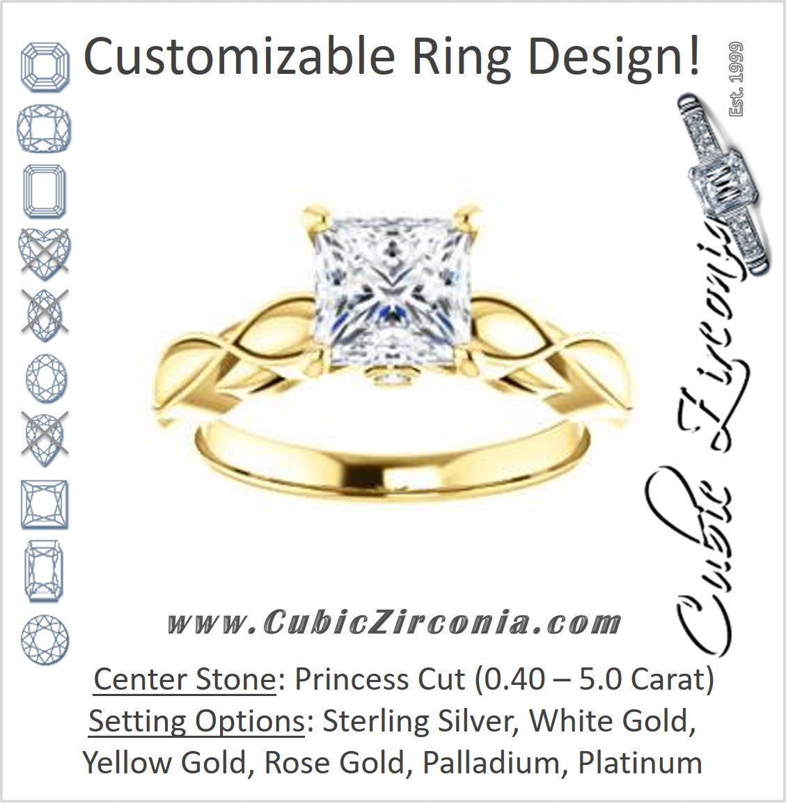 Cubic Zirconia Engagement Ring- The Jime (Customizable Cathedral-Raised Princess Cut with Thick Infinity-Scalloped Band & Peekaboo Accents)