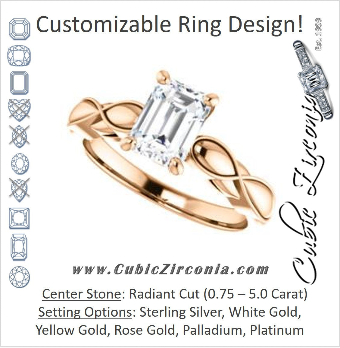Cubic Zirconia Engagement Ring- The Jime (Customizable Cathedral-Raised Radiant Cut with Thick Infinity-Scalloped Band & Peekaboo Accents)