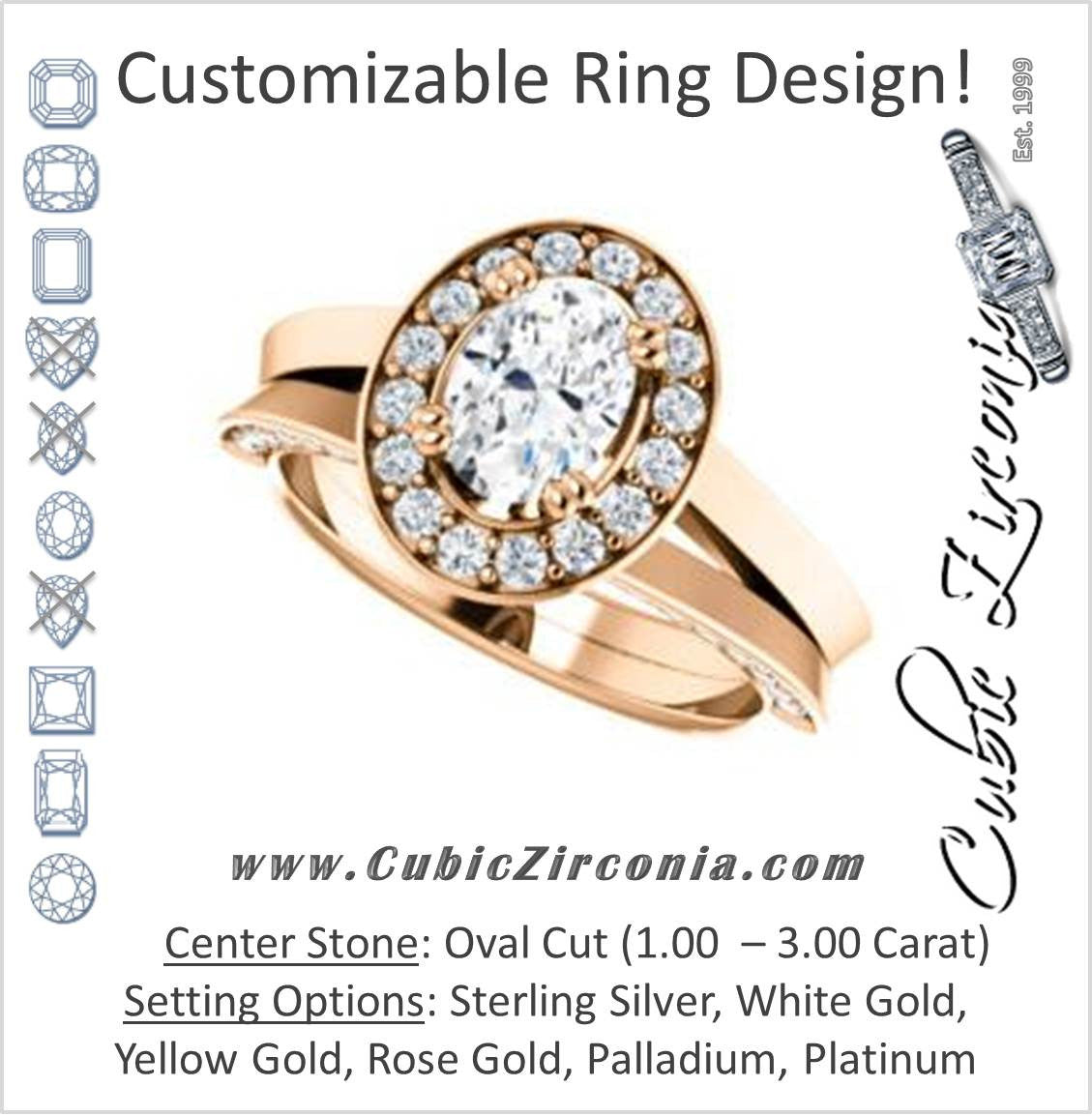 Cubic Zirconia Engagement Ring- The Jocelyn (Customizable Halo-Enhanced Oval Cut featuring 3-side Accented Split-Band)
