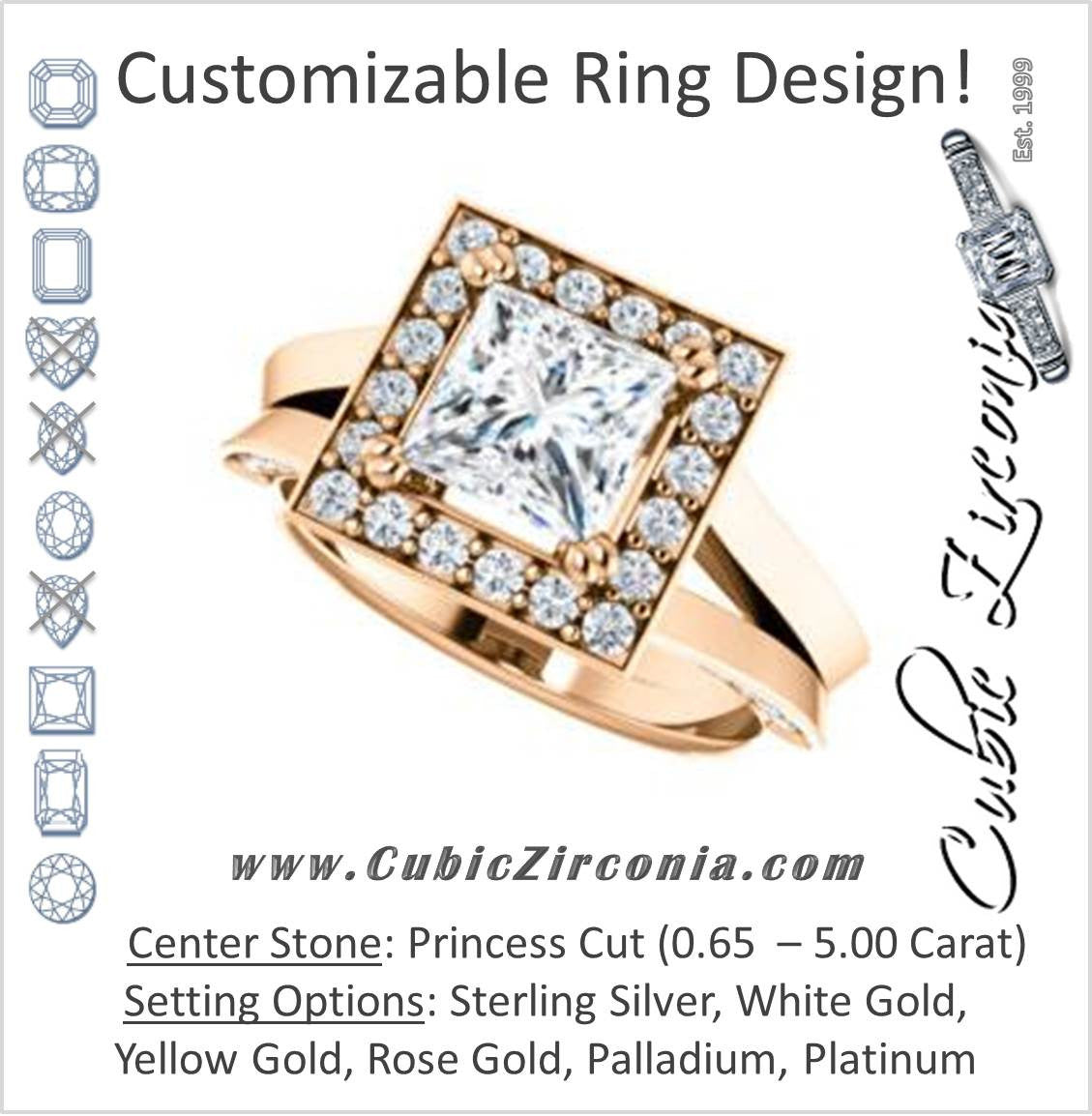 Cubic Zirconia Engagement Ring- The Jocelyn (Customizable Halo-Enhanced Princess Cut featuring 3-side Accented Split-Band)