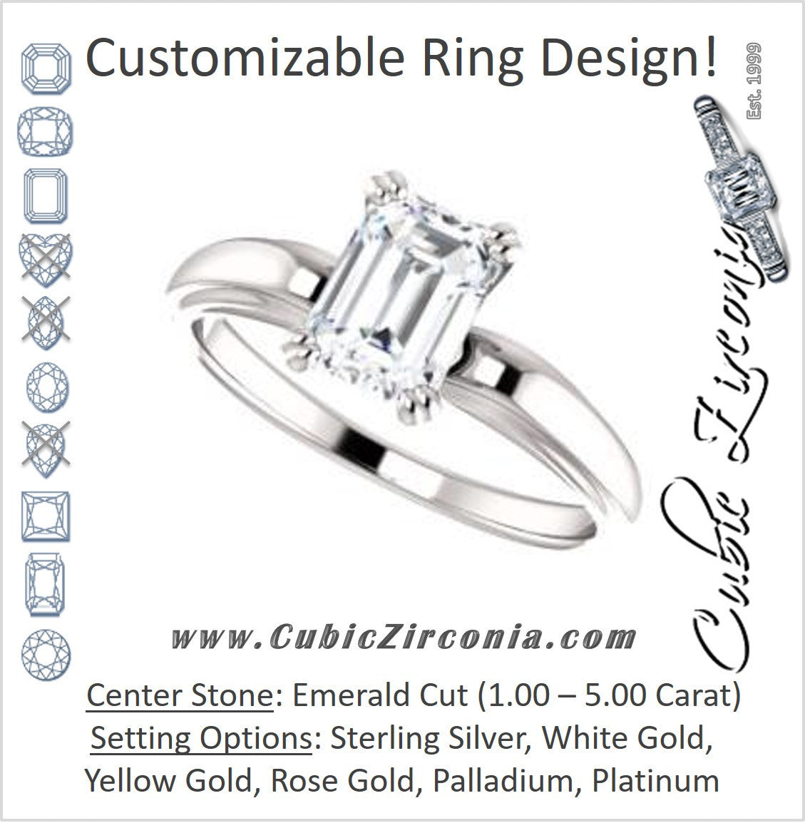 Cubic Zirconia Engagement Ring- The Jodee (Customizable Cathedral-set Emerald Cut Solitaire with Tapered Band)