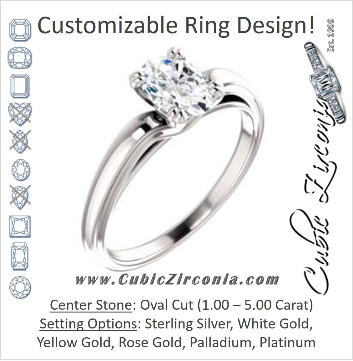 Cubic Zirconia Engagement Ring- The Jodee (Customizable Cathedral-set Oval Cut Solitaire with Tapered Band)