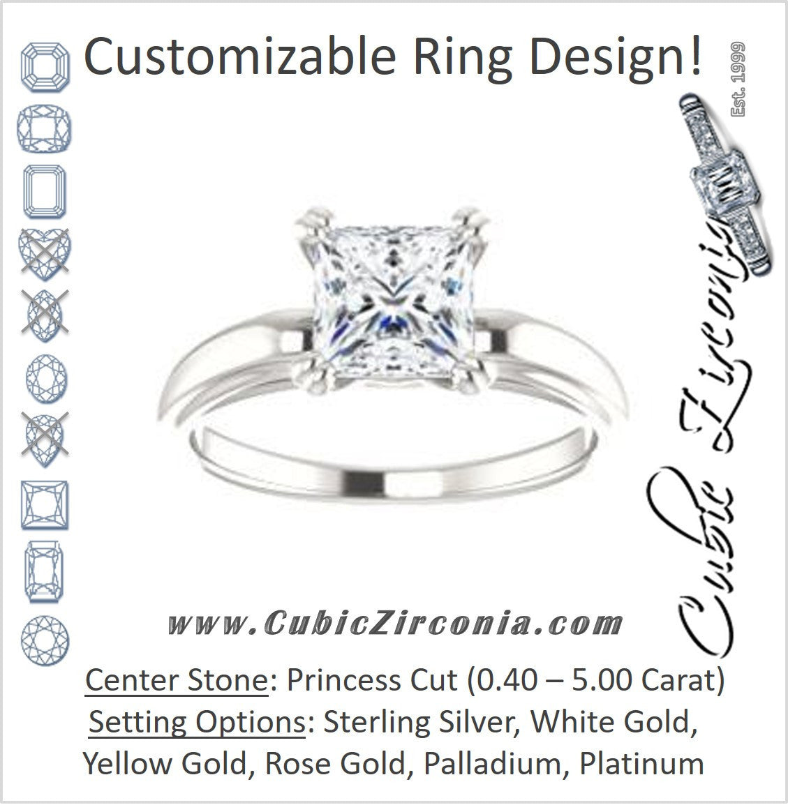 Cubic Zirconia Engagement Ring- The Jodee (Customizable Cathedral-set Princess Cut Solitaire with Tapered Band)