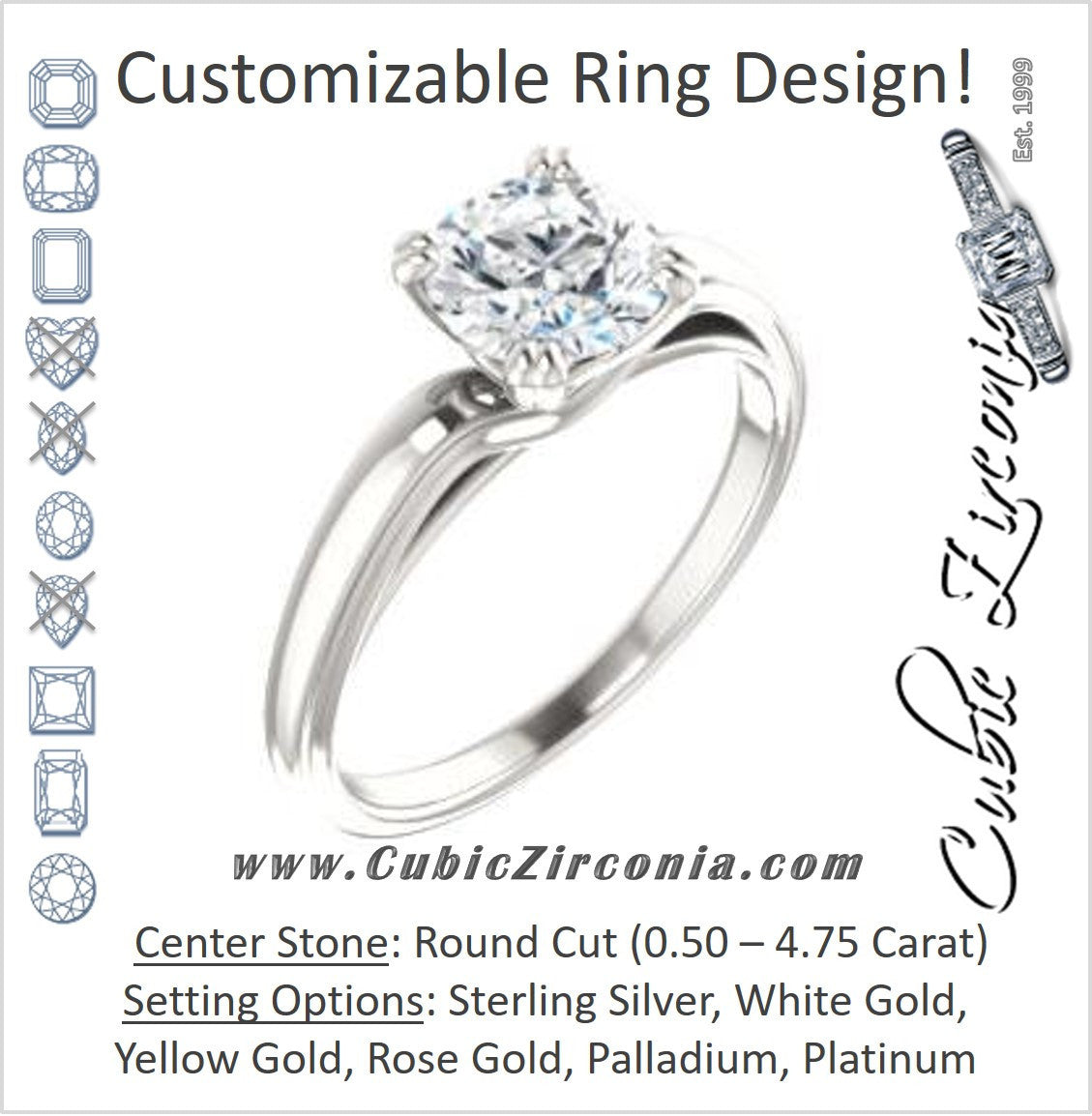 Cubic Zirconia Engagement Ring- The Jodee (Customizable Cathedral-set Round Cut Solitaire with Tapered Band)
