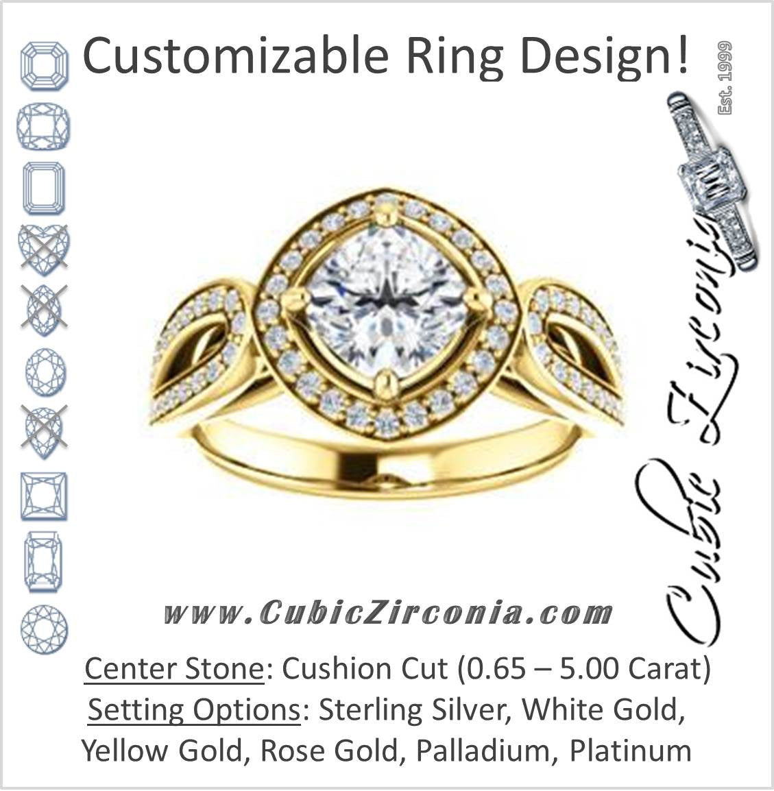 Cubic Zirconia Engagement Ring- The Jordyn Elitza (Customizable Halo-Style Cushion Cut with Twisting Pavé Split-Shank)