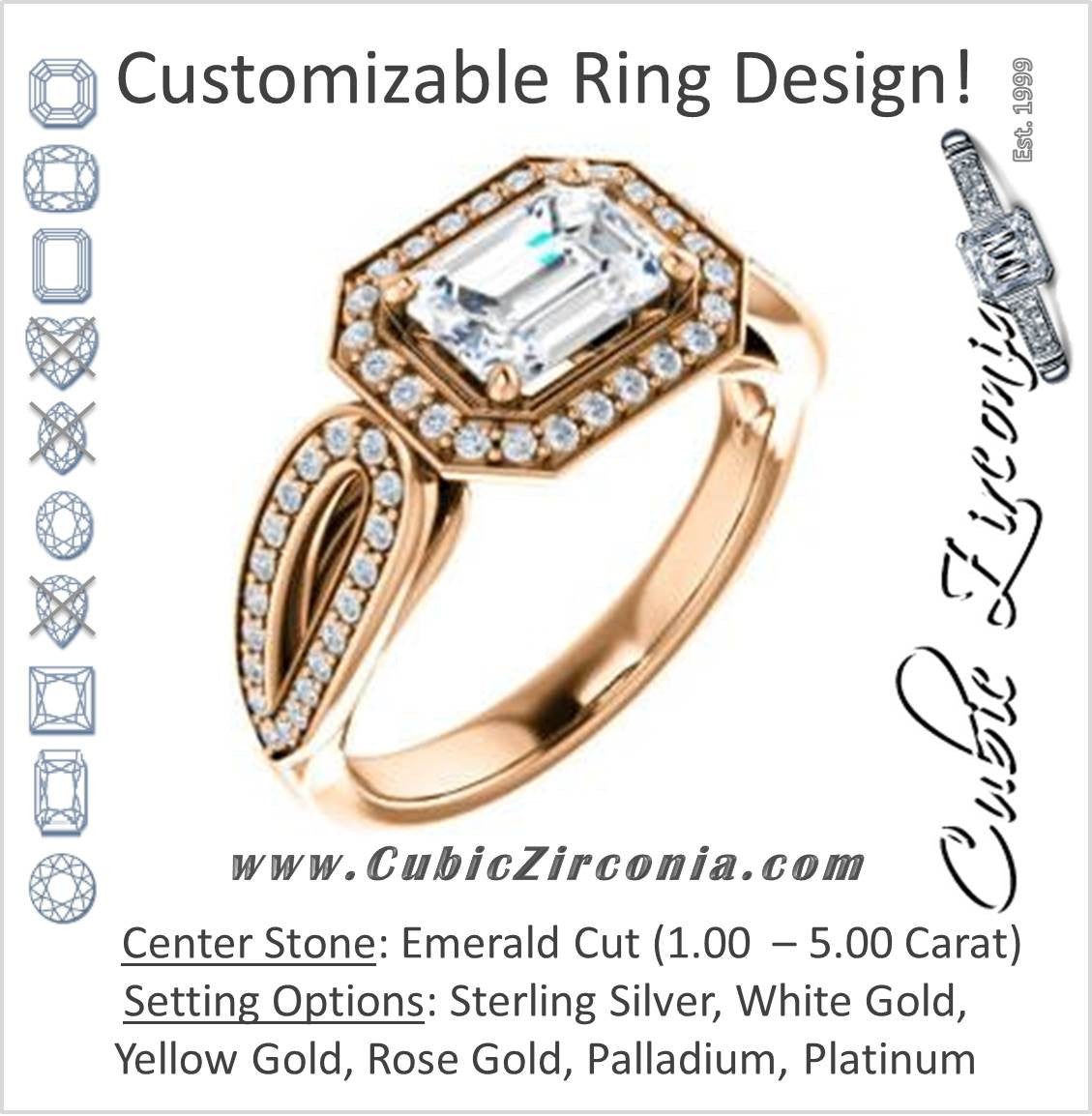 Cubic Zirconia Engagement Ring- The Jordyn Elitza (Customizable Halo-Style Emerald Cut with Twisting Pavé Split-Shank)