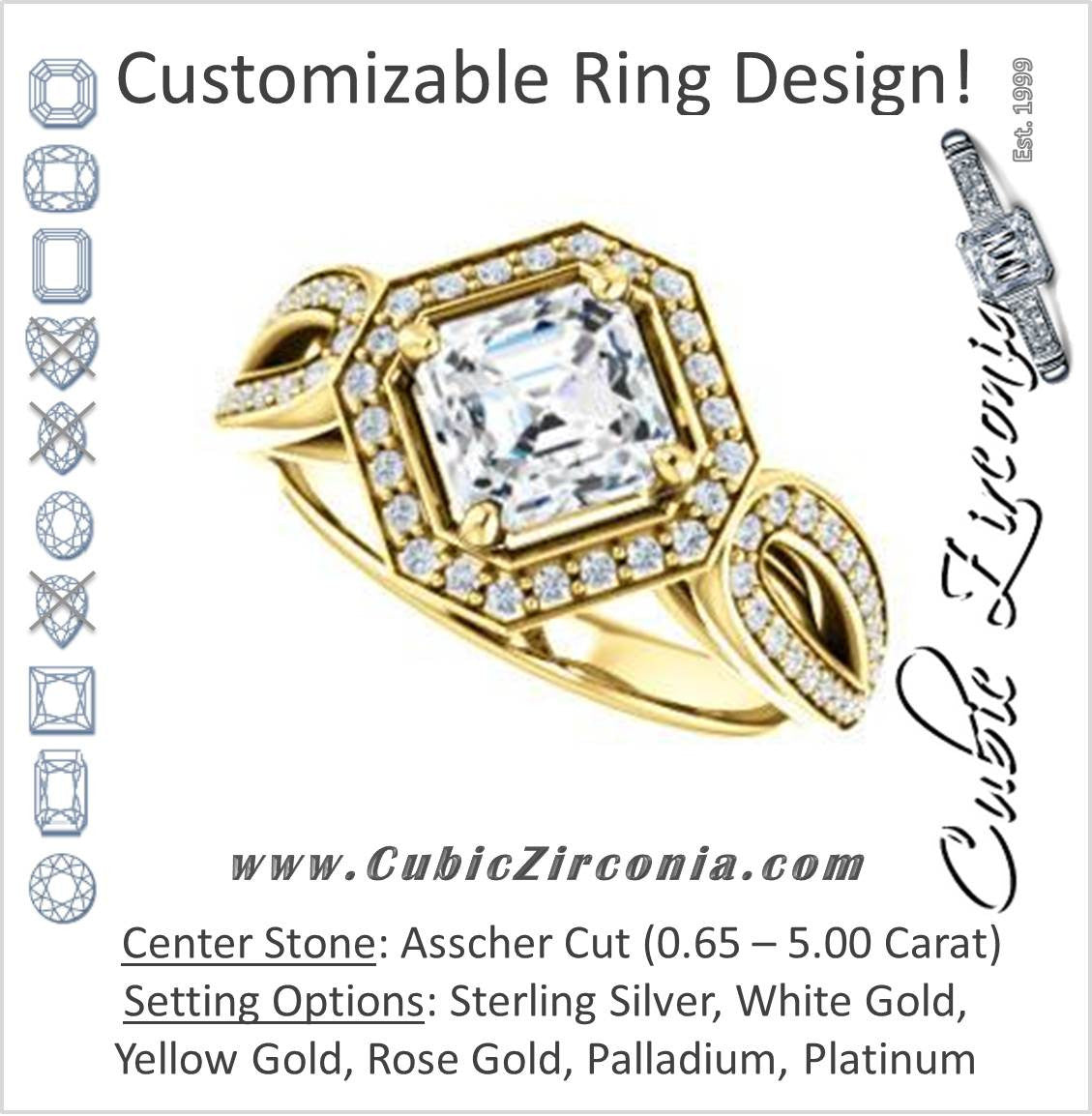 Cubic Zirconia Engagement Ring- The Jordyn Elitza (Customizable Halo-Style Asscher Cut with Twisting Pavé Split-Shank)