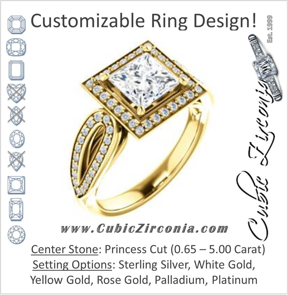 Cubic Zirconia Engagement Ring- The Jordyn Elitza (Customizable Halo-Style Princess Cut with Twisting Pavé Split-Shank)