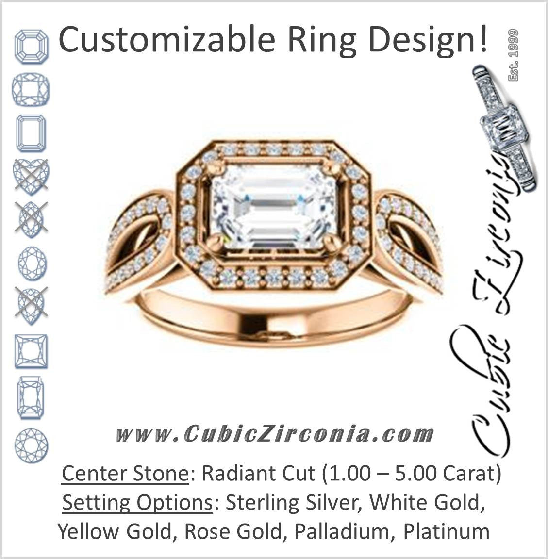 Cubic Zirconia Engagement Ring- The Jordyn Elitza (Customizable Halo-Style Radiant Cut with Twisting Pavé Split-Shank)