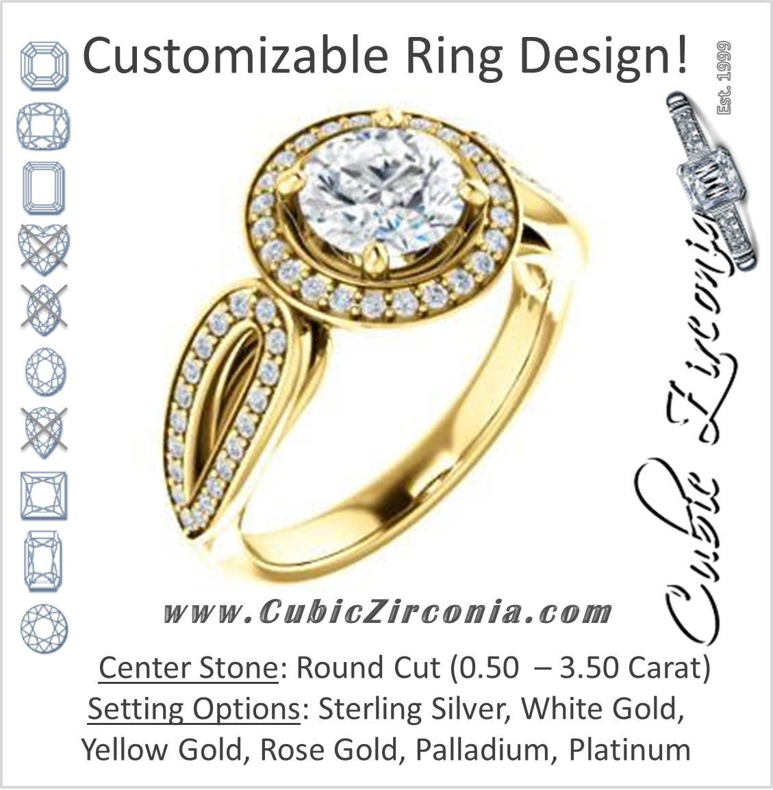 Cubic Zirconia Engagement Ring- The Jordyn Elitza (Customizable Halo-Style Round Cut with Twisting Pavé Split-Shank)