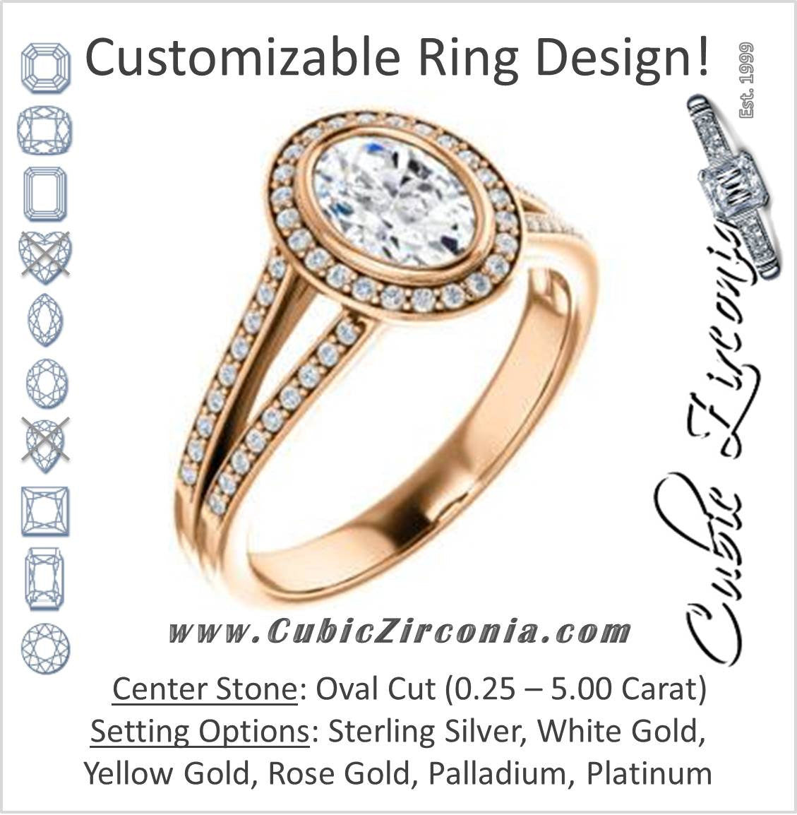 Cubic Zirconia Engagement Ring- The Josefina (Customizable Halo-Style Oval Cut with Wide Split-Band Pavé)