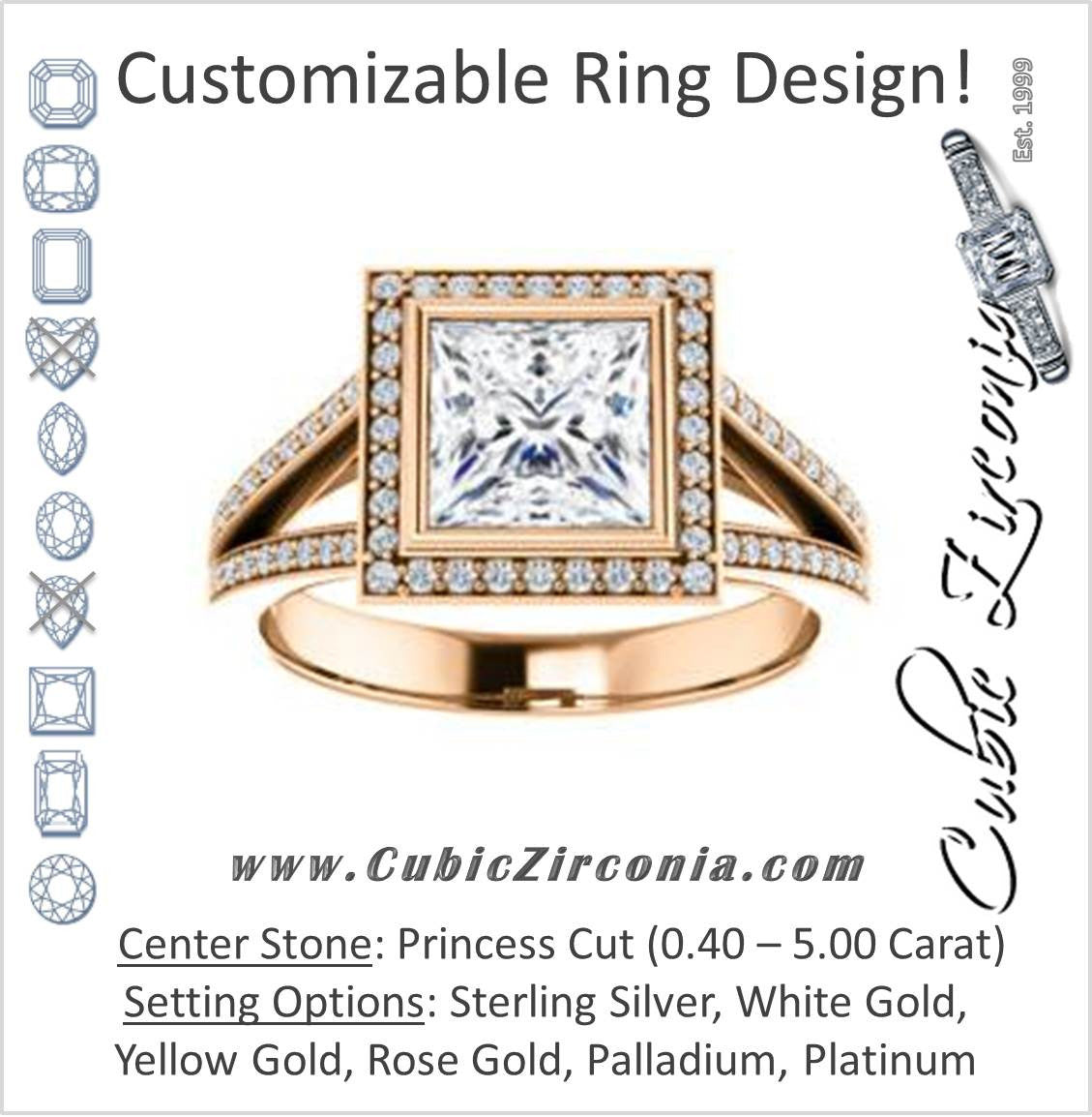 Cubic Zirconia Engagement Ring- The Josefina (Customizable Halo-Style Princess Cut with Wide Split-Band Pavé)