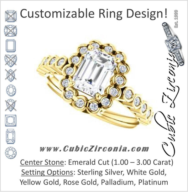 Cubic Zirconia Engagement Ring- The Journie (Customizable Emerald Cut Design with Round-Bezel Cluster Halo and Round Bezel Band Accents)