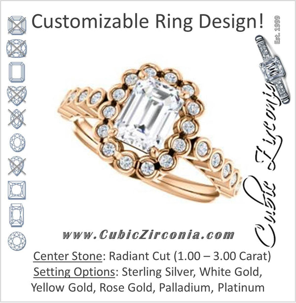 Cubic Zirconia Engagement Ring- The Journie (Customizable Radiant Cut Design with Round-Bezel Cluster Halo and Round Bezel Band Accents)