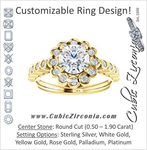 Cubic Zirconia Engagement Ring- The Journie (Customizable Round Cut Design with Round-Bezel Cluster Halo and Round Bezel Band Accents)