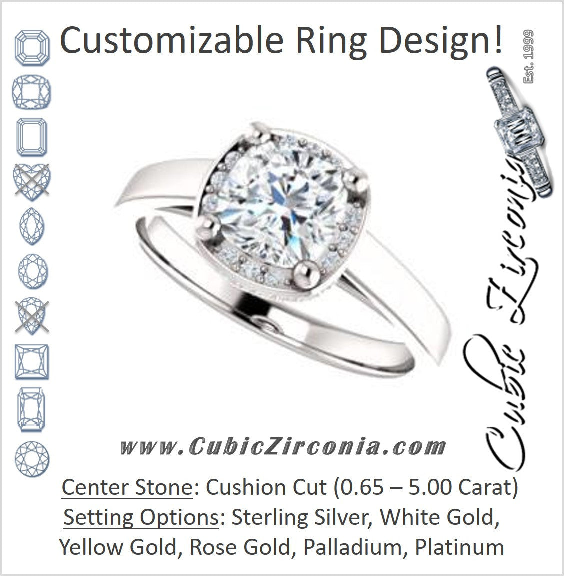 Cubic Zirconia Engagement Ring- The Juana (Customizable Cathedral-raised Cushion Cut Design with Halo Accents and Under-Halo Style)