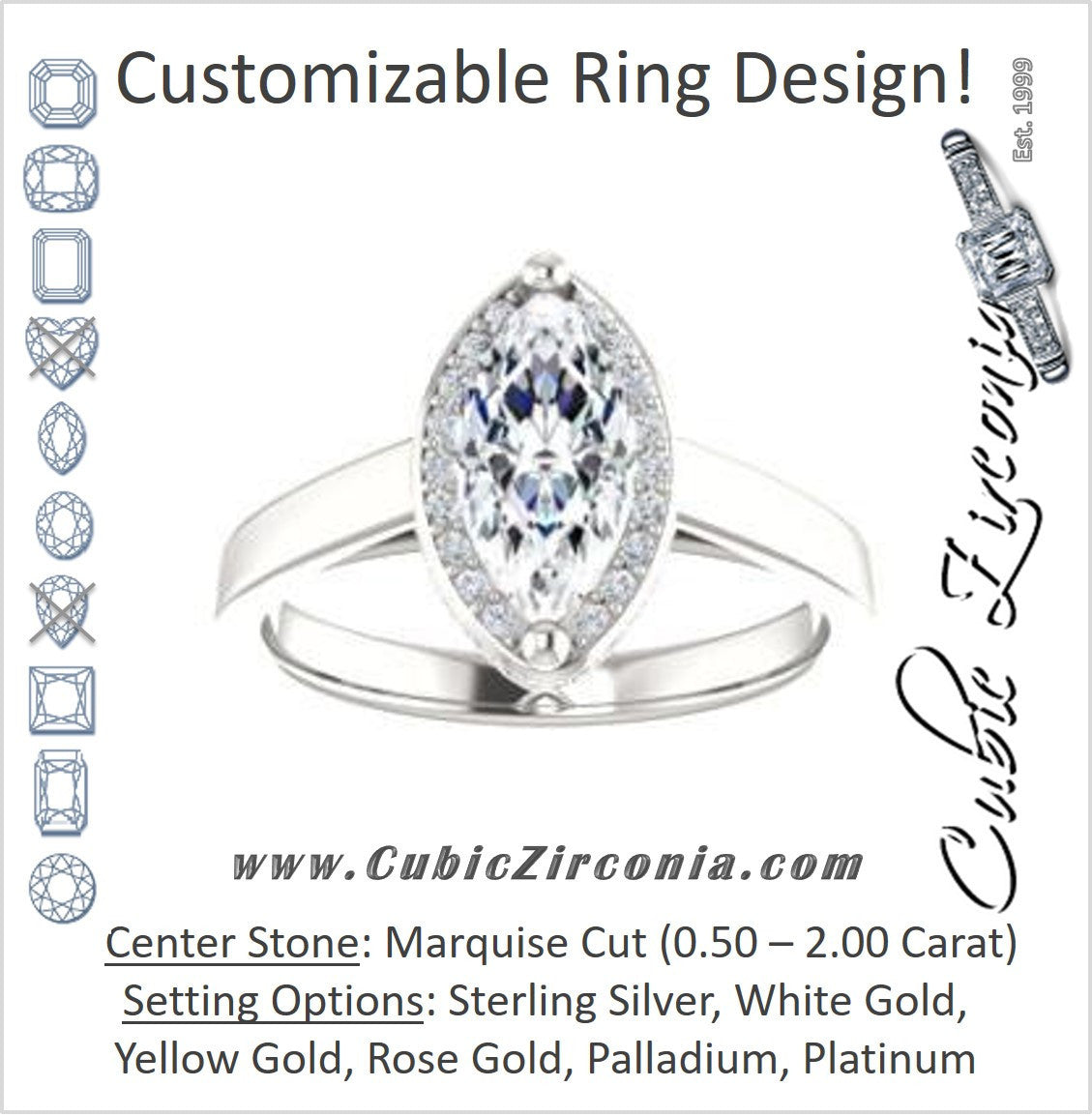 Cubic Zirconia Engagement Ring- The Juana (Customizable Cathedral-raised Marquise Cut Design with Halo Accents and Under-Halo Style)