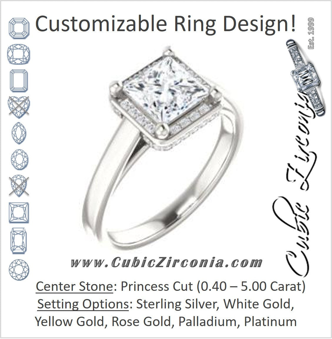 Cubic Zirconia Engagement Ring- The Juana (Customizable Cathedral-raised Princess Cut Design with Halo Accents and Under-Halo Style)