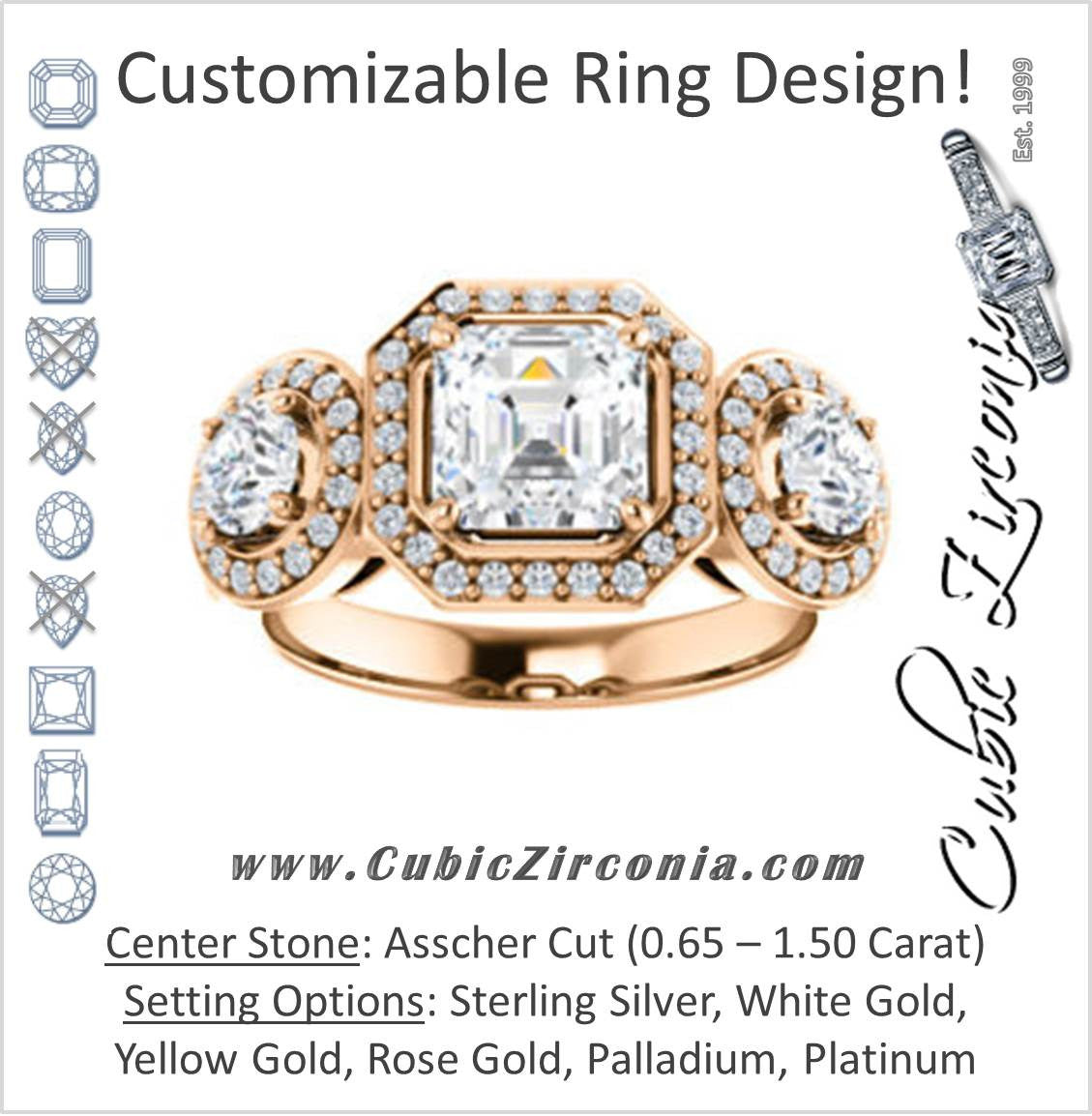 Cubic Zirconia Engagement Ring- The Justine (Customizable Asscher Cut Center 3-Stone Halo-Style)
