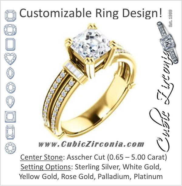 Cubic Zirconia Engagement Ring- The Kaitlyn (Customizable Asscher Cut with Flanking Baguettes And Round Channel Accents)