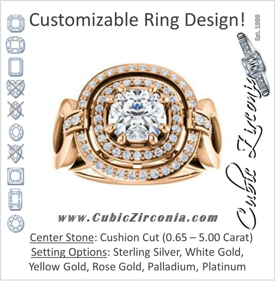 Cubic Zirconia Engagement Ring- The Kandie Lue (Customizable Cathedral-set Cushion Cut with 2x Halo and Prong Accents)