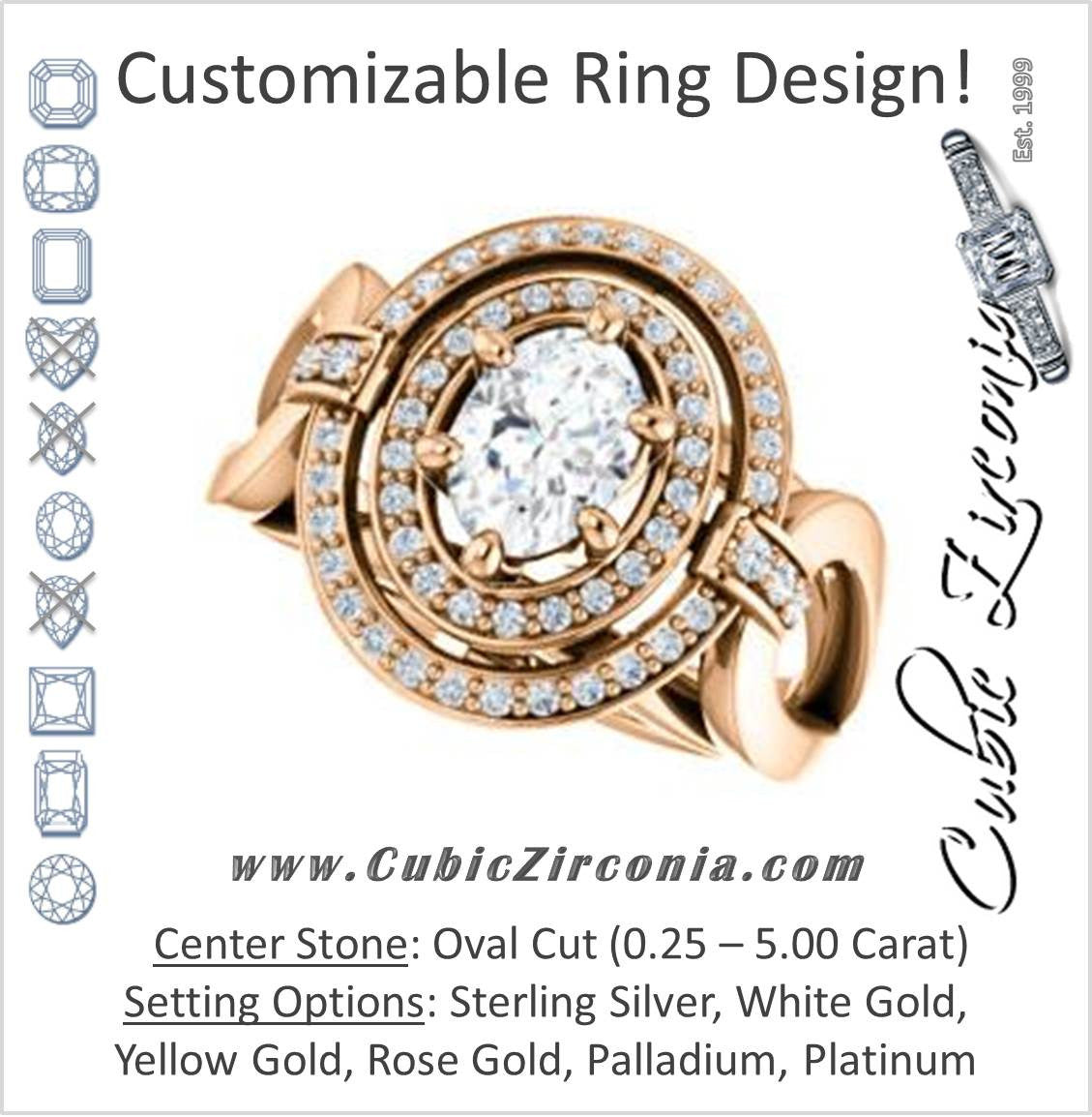 Cubic Zirconia Engagement Ring- The Kandie Lue (Customizable Cathedral-set Oval Cut with 2x Halo and Prong Accents)