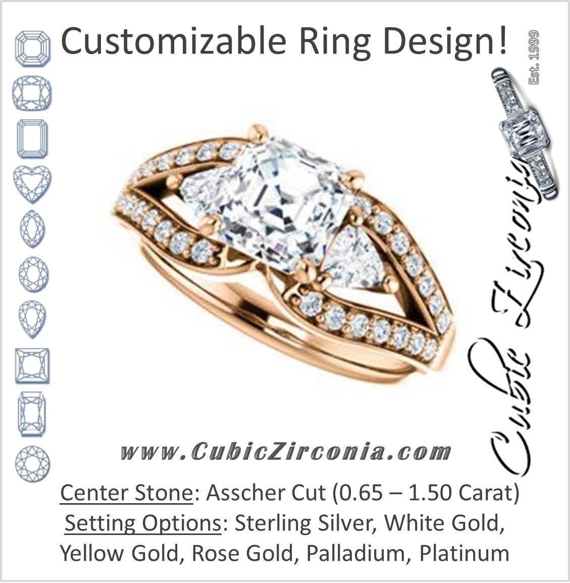Cubic Zirconia Engagement Ring- The Karen (Customizable Enhanced 3-stone Design with Asscher Cut Center, Dual Trillion Accents and Wide Pavé-Split Band)